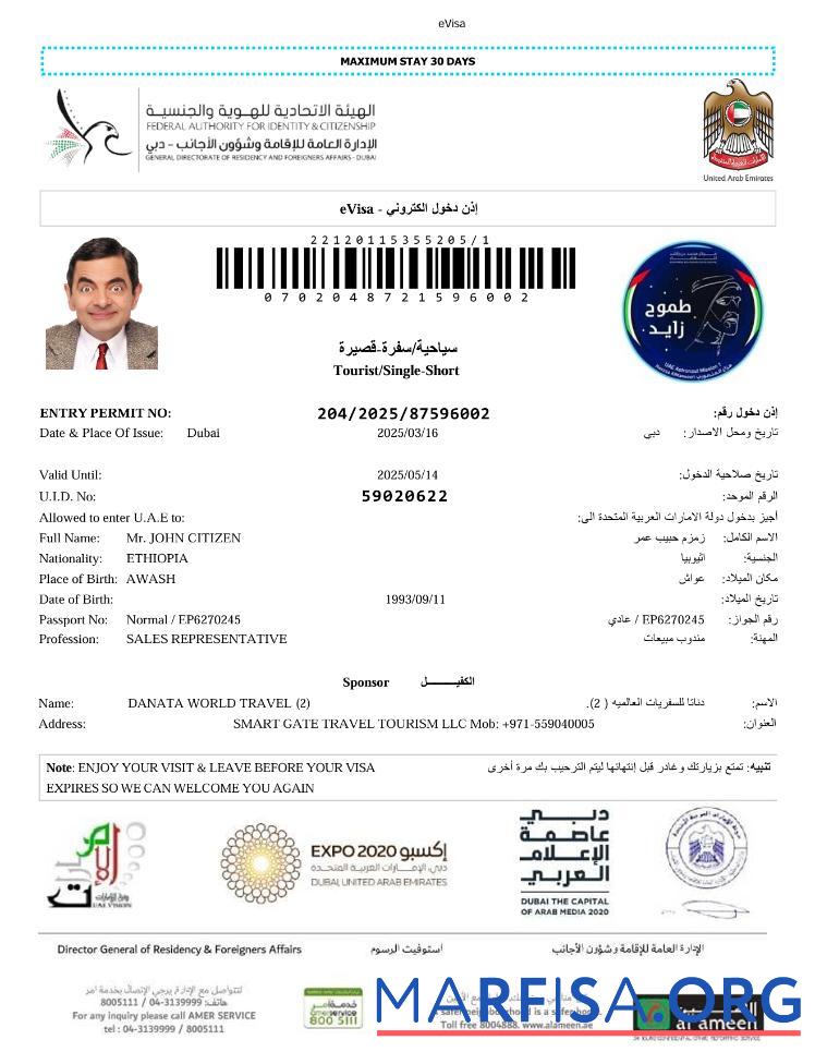 Downloadable Uae e visa template in Word and Pdf formats, version 5